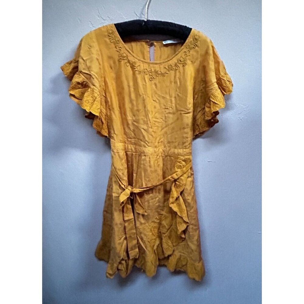 Sfera Casual Women's Large Embroidered Ruffle Eyelet Trim Belted Dress Mustard